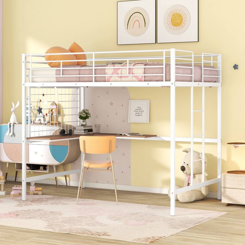 White Full Metal Loft Bed with Desk and Storage Space, Durable and Stylish - White