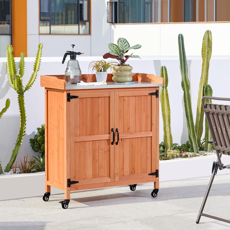 Yaheetech Garden Potting Bench Table Wooden Storage Cabinet - Brown