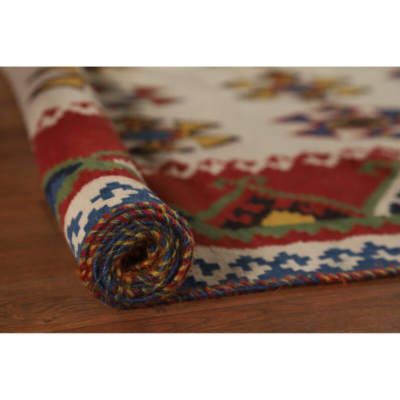 Hand Woven Oriental 100% Wool Carpet Southwestern Geometric Beige & Ivories Kilim Area Rug - 7' 11'' X 5' 0''