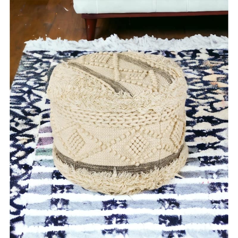 Cream Wool Cotton Blend Round Geometric Pouf Ottoman 18 Inch