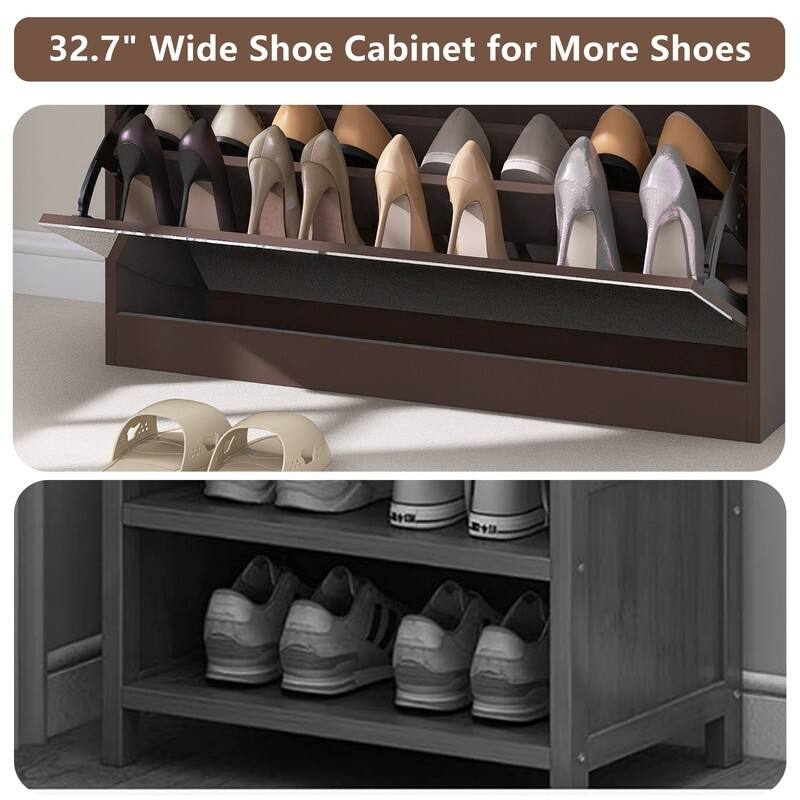 Mirrored Shoe Cabinet with Drawers - Space-Saving Entryway Organizer in Brown Finish