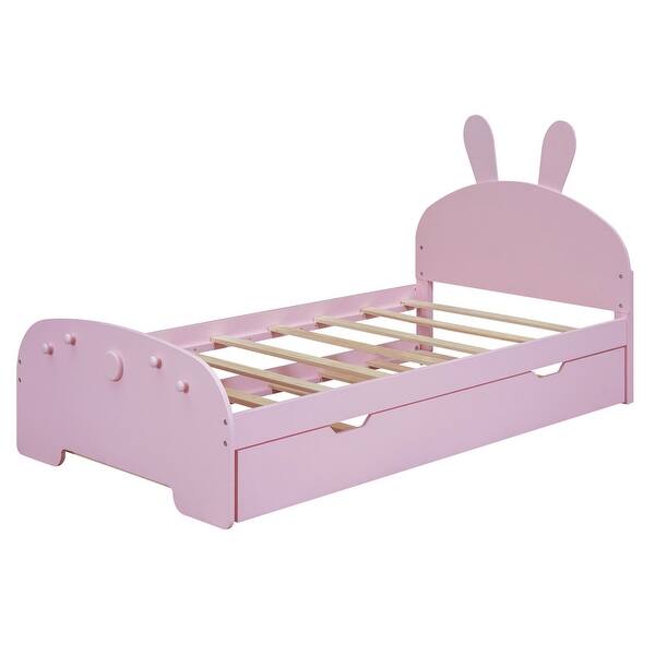 Twin Size Wood Platform Bed with Cartoon Ears Shaped Headboard and ...