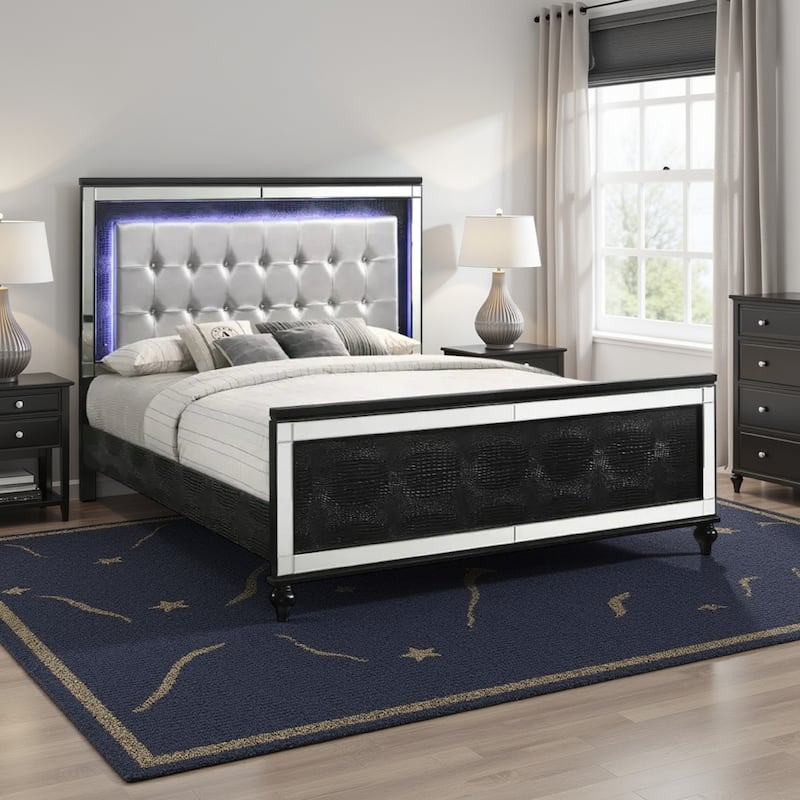 Lee Queen Size Bed, LED, Tufted Faux Leather Upholstery, Textured Black