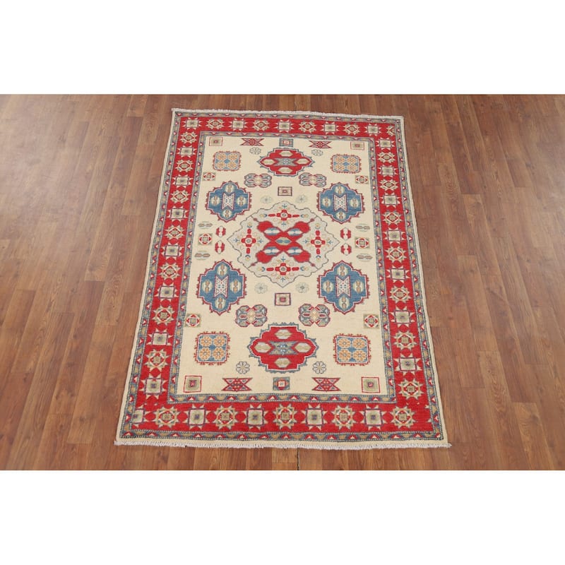 Ivory Kazak Accent Rug Handmade Wool Carpet - 3'8" x 5'7"