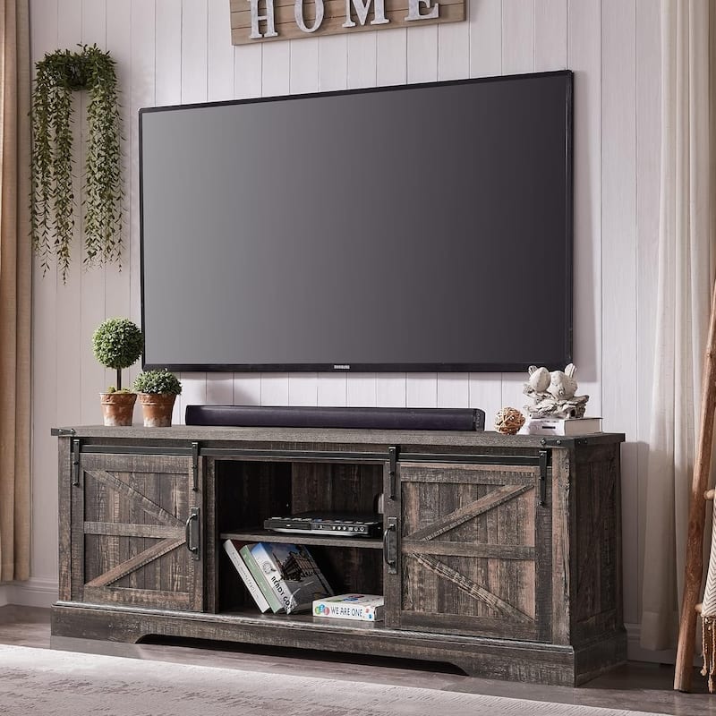 Farmhouse Wood TV Stand, Rustic Entertainment Center, Console Cabinet - n/a - Dark Rustic Oak