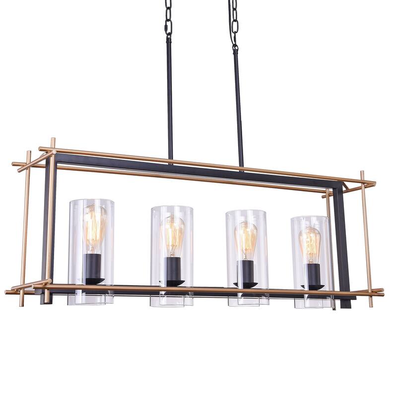 Parry Matte Black+Gold/Bronze 4-Light Linear Chandelier with Clear-Cylinder Glass Shade
