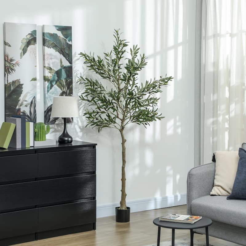HOMCOM Faux Olive Tree 6ft, Artificial Tree in Pot, 40 Fruits Indoor Fake Plant for Home, Office, Living Room Decor