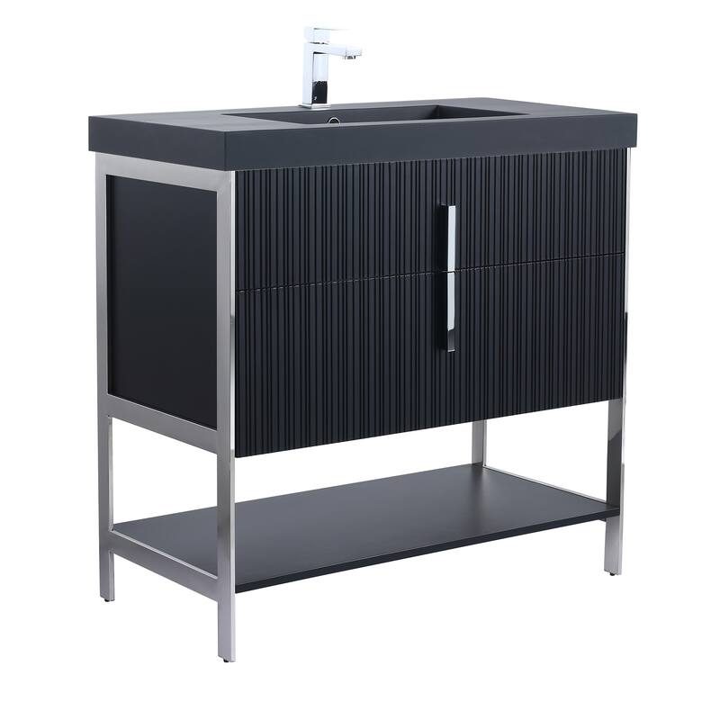 Fine Fixtures Serenity Modern Bathroom Vanity with Black Gel Acrylic Top - Black Matte - Chrome Hardware - 36 inch