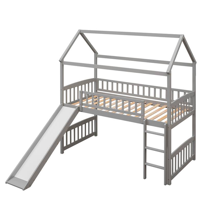 Space-Saving Twin Loft Bed with Slide, Gray - No Box Spring Needed