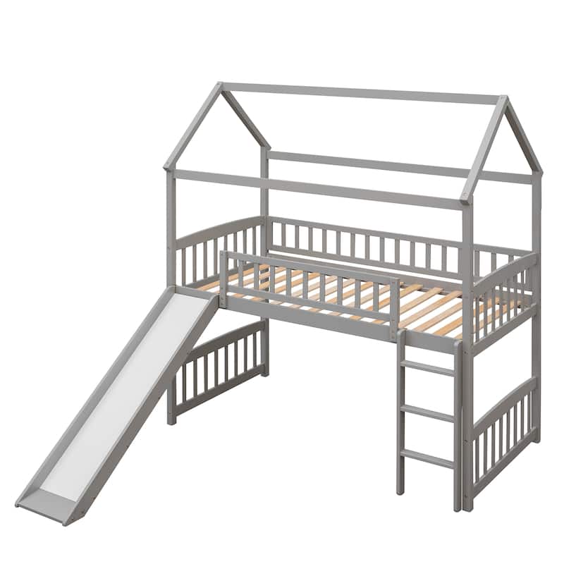 Twin Size Loft Bed with Slide, Playhouse Style, High Guardrails, and Storage Space, Perfect for Children's Rooms