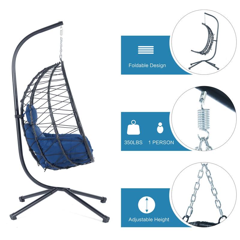 Rattan Metal Hanging Chair with Stand and 350lb Capacity, Includes Waterproof Cushion