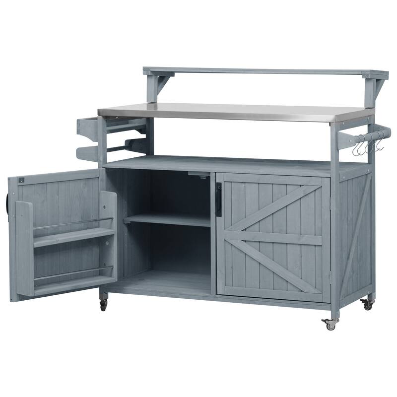 53.3" Outdoor Kitchen Island with Stainless Steel Top, Raised Shelf Solid Wood Storage Cabinet Outdoor Rolling Grill Cart