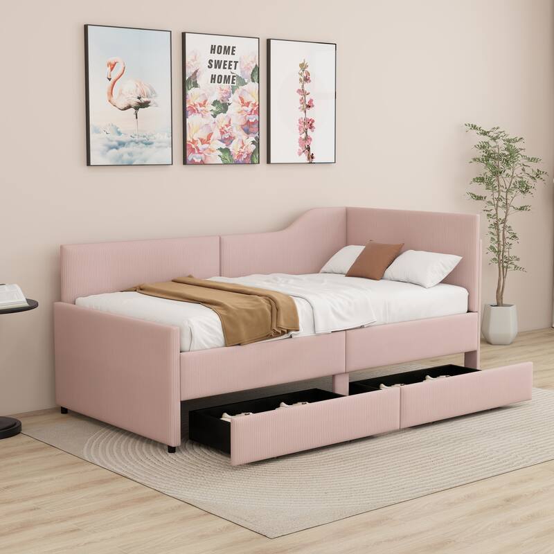 Upholstered bed frame with 2 storage drawers