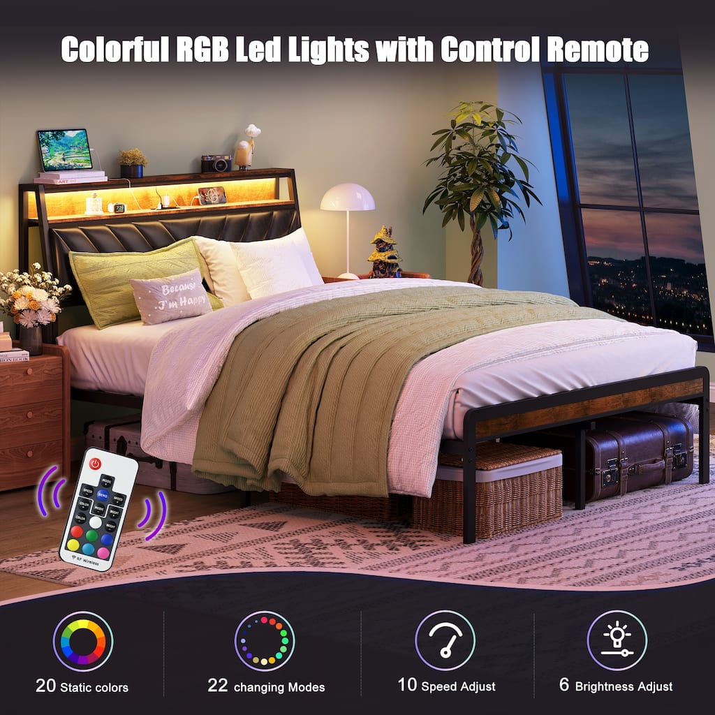 Rustic Platform Bed with 105-Degree Tilted Upholstered Headboard, Charging Station & LED Lights, Noise-Free Metal Bed Frame