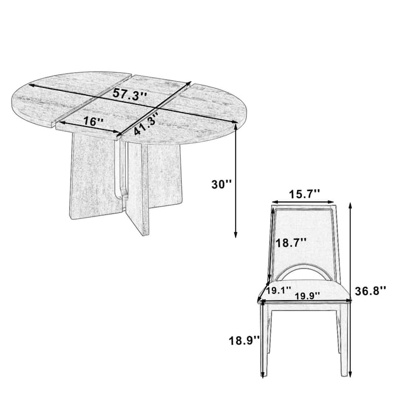 5-Piece Set, 57.3" Extendable Dining Table with 4 Upholstered Chairs