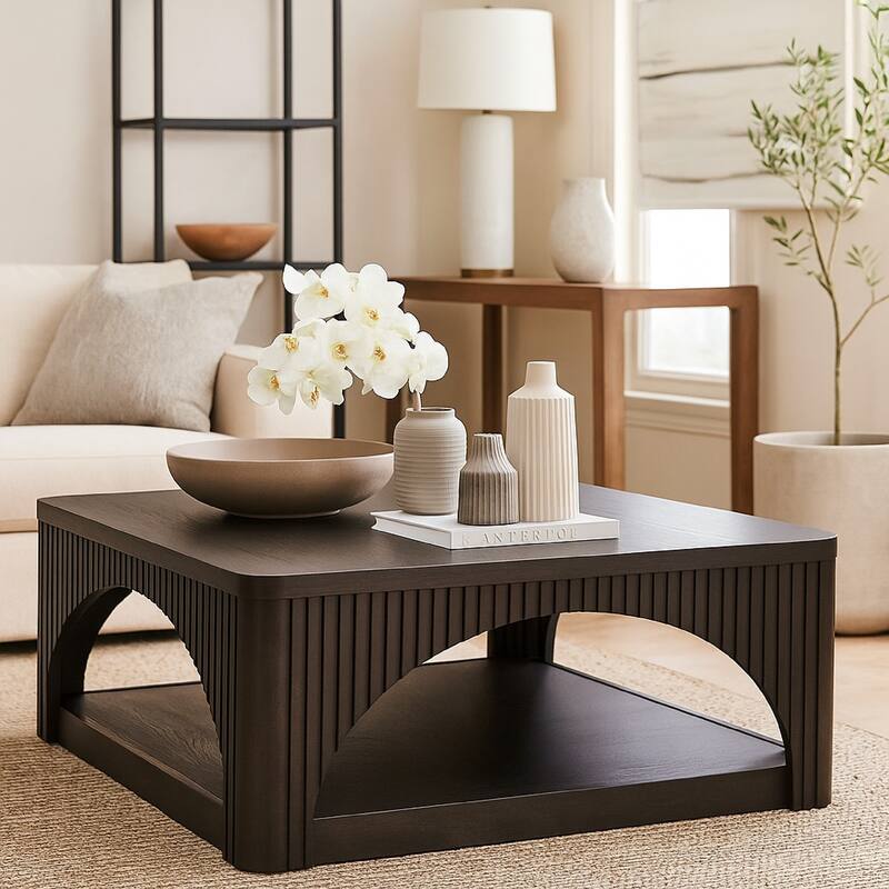 Yini Square Cocktail Coffee Table, Caster Wheels, 38 Inch Black Wood
