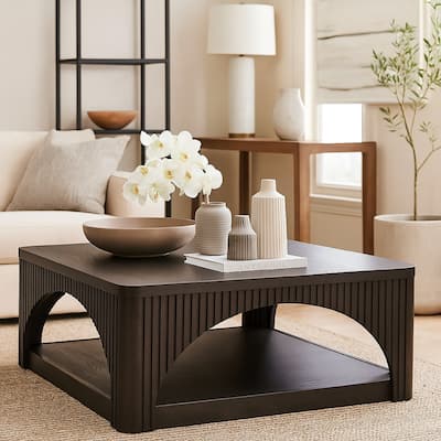 Yini Square Cocktail Coffee Table, Caster Wheels, 38 Inch Black Wood