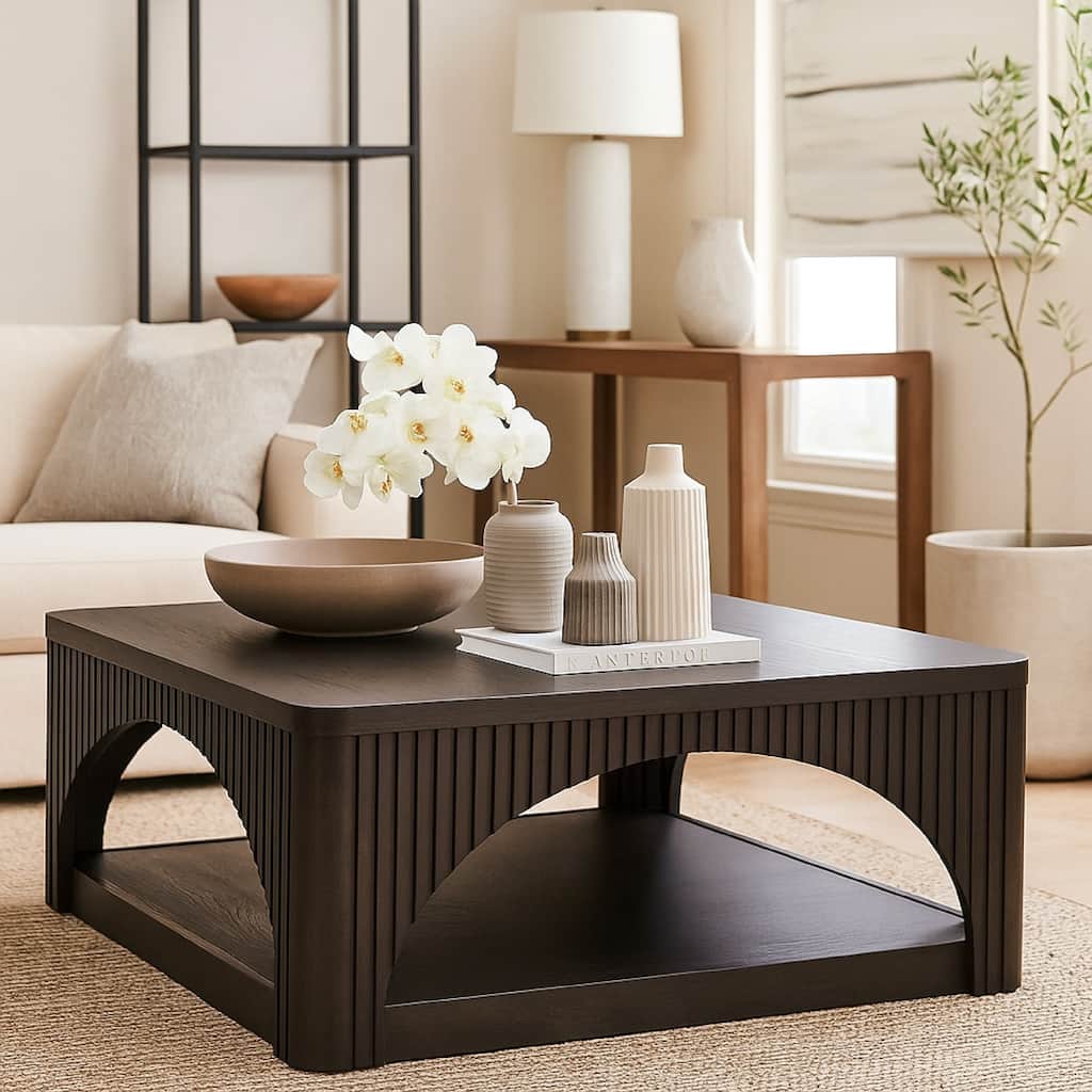 Yini Square Cocktail Coffee Table, Caster Wheels, 38 Inch Black Wood