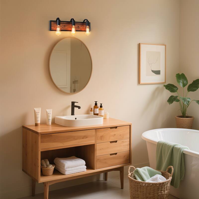 Farmhouse 3-Light Wood Bathroom Vanity Light Rustic Wood Wall Sconces - W21.3" x E4.3" x H5.9"