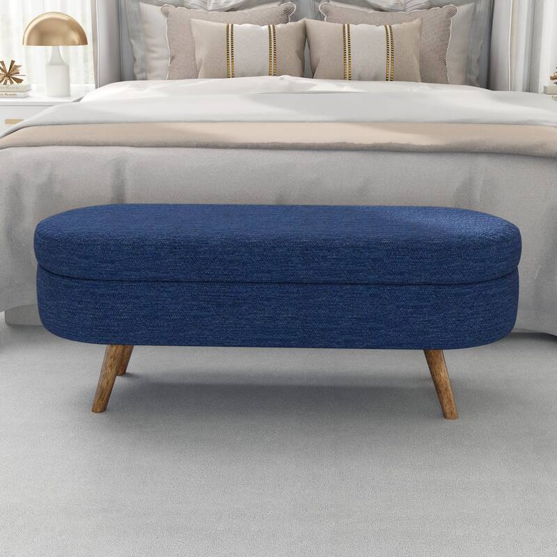 Upholstered Bench with Rubberwood Legs Entry Ottoman Seat, Exquisite Storage Stool Decorative Stool with Flipping Lid - Blue