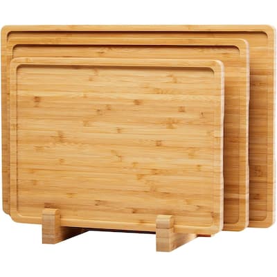 3 Pieces Bamboo Cutting Board for Kitchen with Holder, Thick Kitchen Cutting Boards with Juice Groove