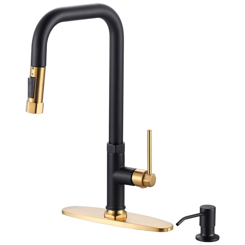 WOWOW Pull Down Sprayer Kitchen Faucet with Soap Dispenser - with soap dispenser - Gold and Black