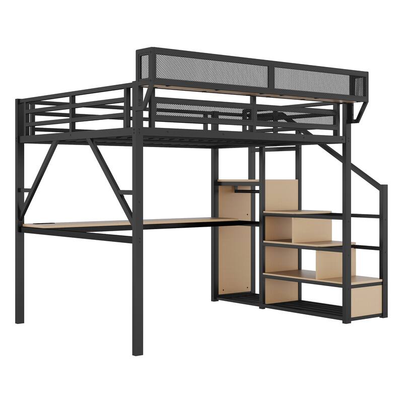 Queen Loft Bed with Desk and Charging Station, Queen Size Metal Loft Bed with Stairs and Light for Kids Teens, Black