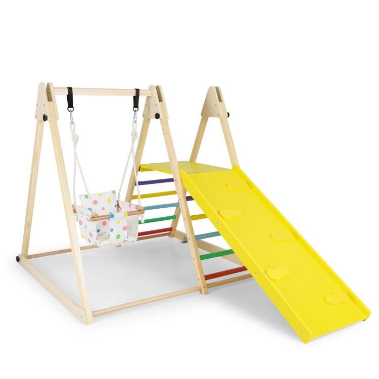 Multicolor Solid Wood Kids 4-in-1 Jungle Gym with Swing, Ramp and Platform - Multi Color - 73" × 47" × 45" (L × W × H)