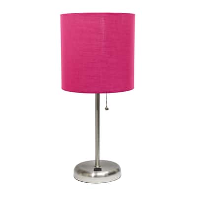 Contemporary Brushed Steel Bedside Table Desk Lamp with Drum Shade - 19.5" - Silver and Hot Pink