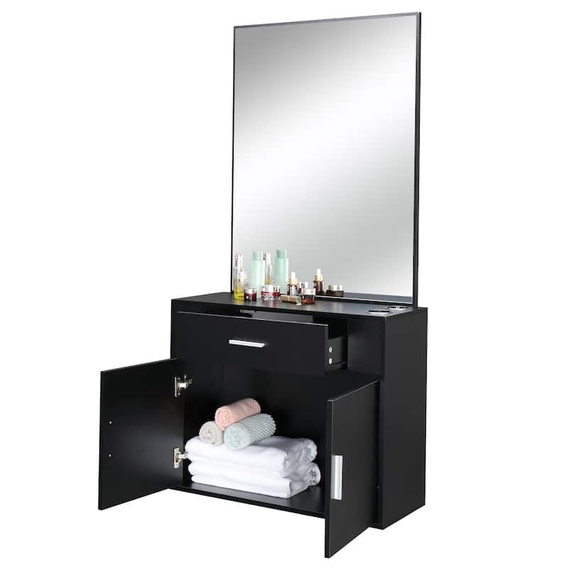 Black Wall Mounted Hair Styling Station with Mirror Drawer and Storage Cabinet for Salon Use - 59.4” x 29.6” x 11.8" (L x W x H)