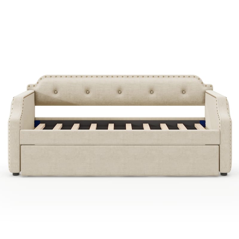 Twin Size Upholstered Daybed w/Button Back Linen Sofa Bed and Pull-out Trundle Bed for Bedroom, No Box Spring Required