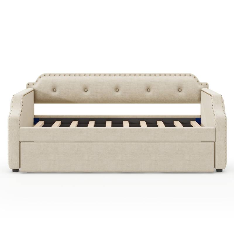Twin Size Upholstered Sofa Daybed with Trundle, Wood Slat Support, Linen Frame, Perfect for Small Living Spaces and Guest Rooms