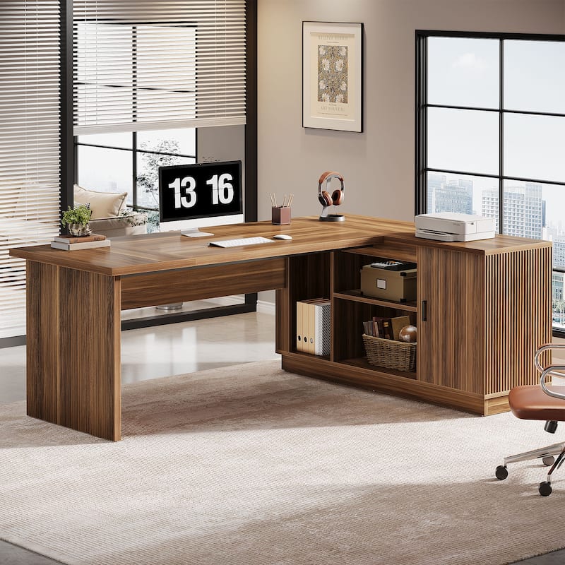 70.87-Inch L-Shaped Executive Desk with File Cabinet and Shelves, Large Computer Desk for Home Office