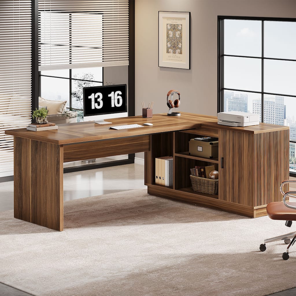 71-Inch Executive Desk with File Cabinet, Woodedn Office Computer Desk with Storage Shelves for Home Office