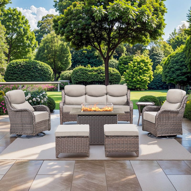 Pocassy 7 Pieces Outdoor 6 Inch Sofa Swivel Chair Ottoman with Fire Table - Beige cushion - Brown Wicker