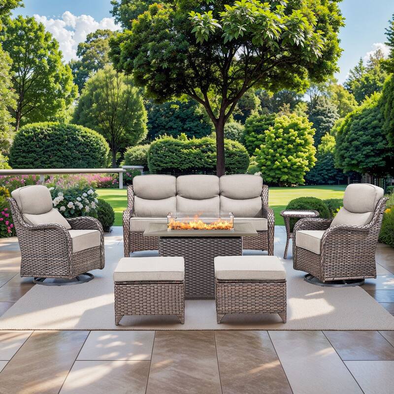 Pocassy Outdoor 6 Inch Sofa Glider Chairs Ottoman with Fire Table Set - Brown Wicker Beige Cushion - 7 Pieces Sofa Chair Ottoman Table w/ Fire Table