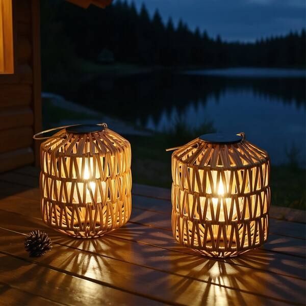 Solar Rattan Heart Solar Rattan Lanterns 2-Pack, Waterproof Hanging Lights w/ Auto On/Off ...