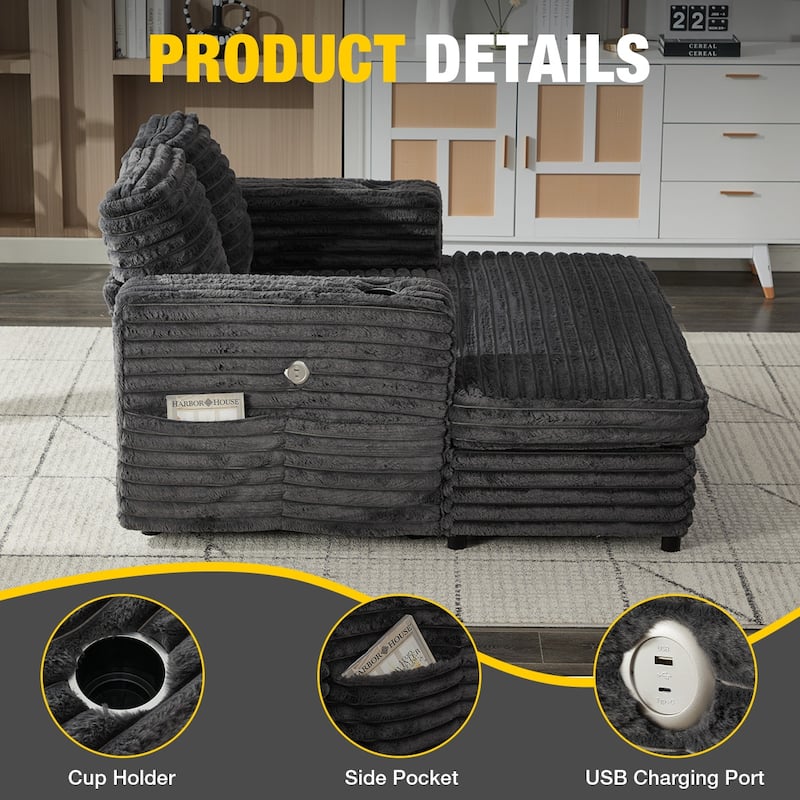 64" Oversized Chaise Lounge Chair Sofa Bed, Corduroy Upholstered Sleeper Chair with Wood Frame, Storage Pockets, Cup Holders