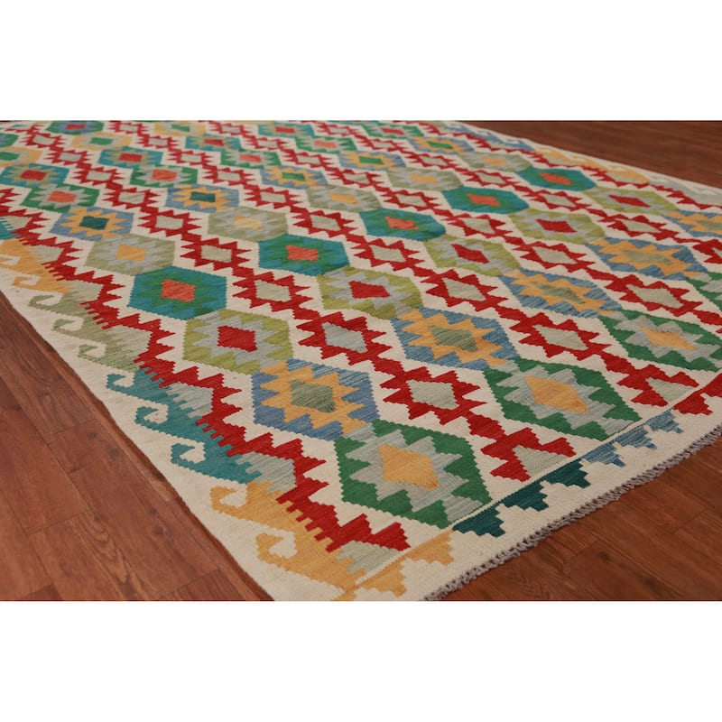 Hand Woven Oriental 100% Wool Carpet Southwestern Geometric Multi-Colored Kilim Area Rug - 8' 7'' X 6' 0''