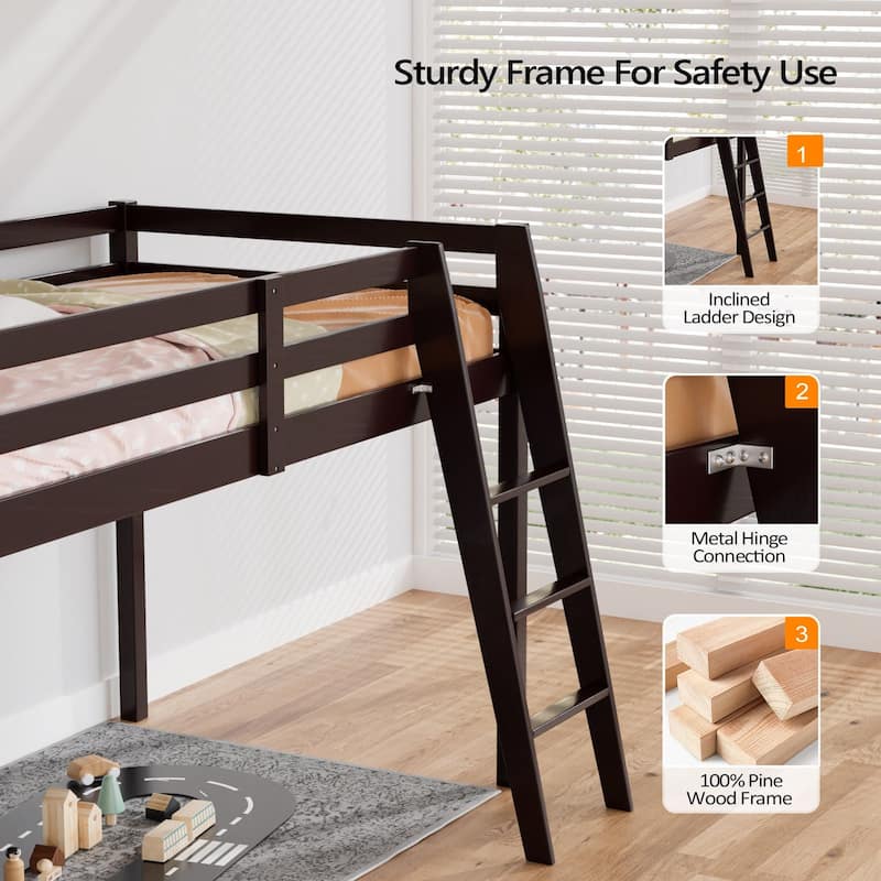 Espresso Wood Junior Loft Bed with Stairs for Adults, Kids and Young Teens