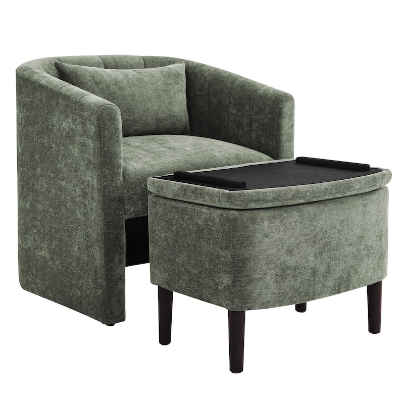 Upholstered Chenille Barrel Accent Chair With Storage Ottoman,Modern Barrel Arm Chair,Reading Chair With Ottoman For Living Room