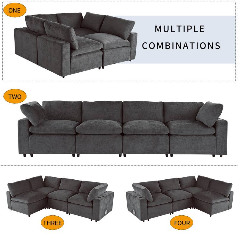 Upholstered Modular Sofa with Storage Space and USB Charge Ports, Sectional sofa Recliner Sofa with Wireless Charging