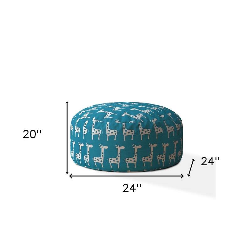HomeRoots 24" Blue and White Cotton Round Giraffe Pouf Ottoman