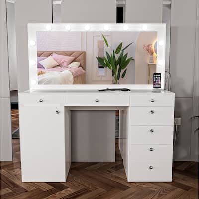 Boahaus Jezebel Vanity Desk: Light Bulbs, USB Outlet, 7 Drawers, 1 Large Door, Glass Top, Hollywood Mirror, White
