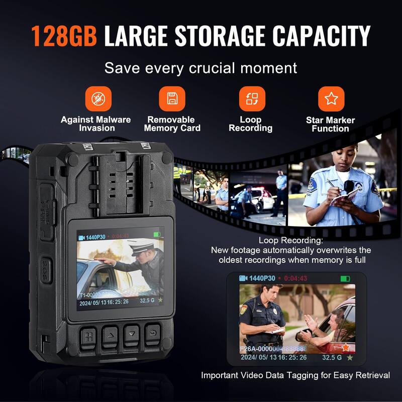 1440P HD Police Body Camera, Body Cam with Audio Video Recording Picture, 2.0" LCD, Infrared Night Vision