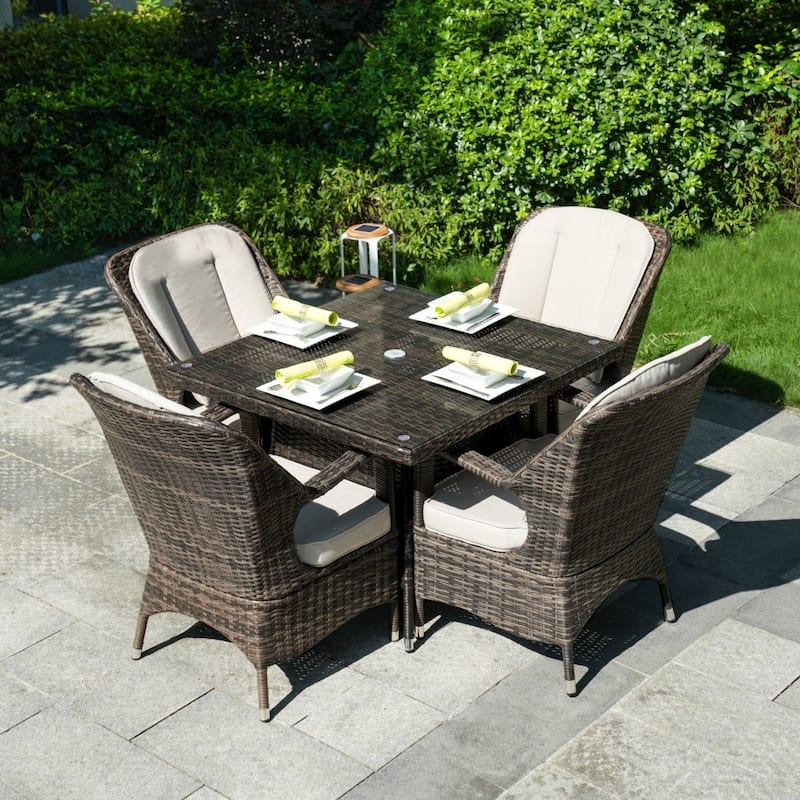 Modern Patio 5-piece Aluminum Wicker Dining Set with Square Glass Top Table and 4 Chairs - Brown