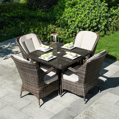 Modern Patio 5-piece Aluminum Wicker Dining Set with Square Glass Top Table and 4 Chairs