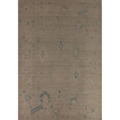 Beige Vegetable Dye Oushak Turkish Rug Hand-Knotted Floral Wool Carpet - 8'11"x 11'7"