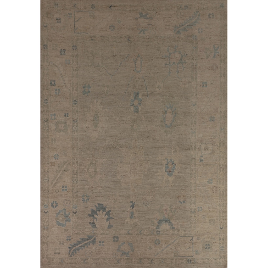 Beige Vegetable Dye Oushak Turkish Rug Hand-Knotted Floral Wool Carpet - 8'11"x 11'7"