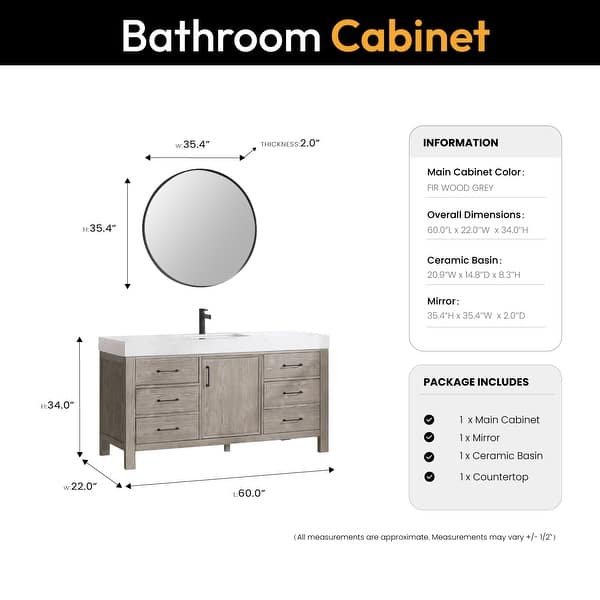 dimension image slide 4 of 8, Leon 60 in. Single Bathroom Vanity with Composite Stone Top
